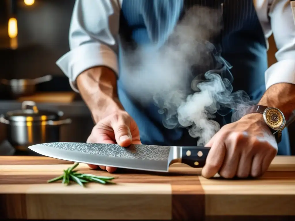 Un chef profesional con un cuchillo afilado y detallado en una cocina gourmet