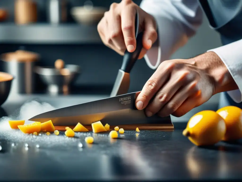 Un chef profesional afilando un cuchillo gourmet en una piedra de afilar