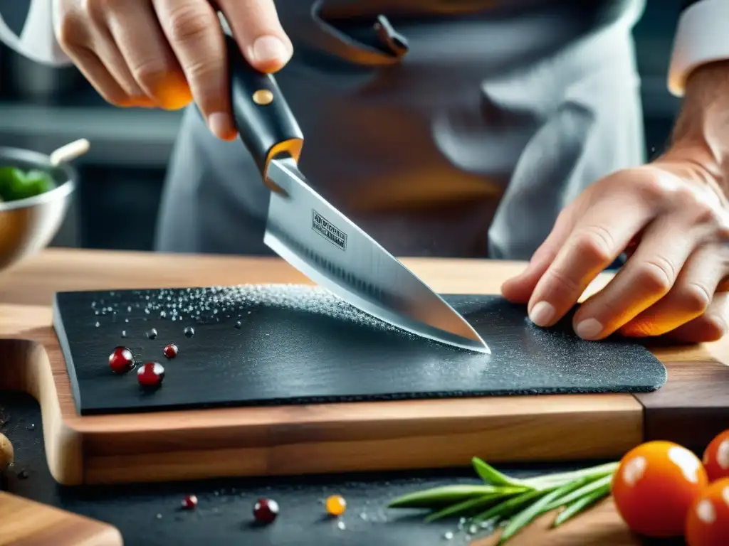 Un chef profesional afila con destreza un cuchillo de chef gourmet en una piedra, destacando su precisión y expertise culinario