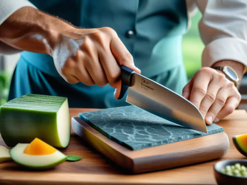 Un chef profesional afila con destreza un cuchillo gourmet en una piedra premium, reflejando precisión y habilidad