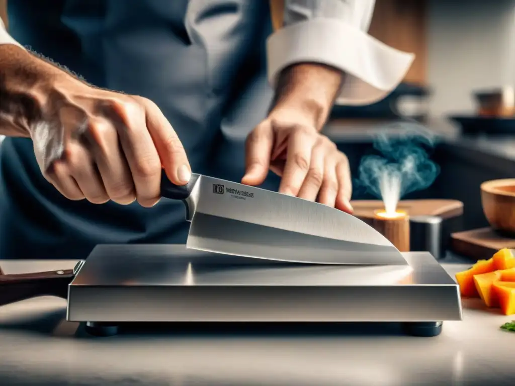 Un chef profesional afilando con destreza un cuchillo gourmet en un afilador, en una cocina moderna