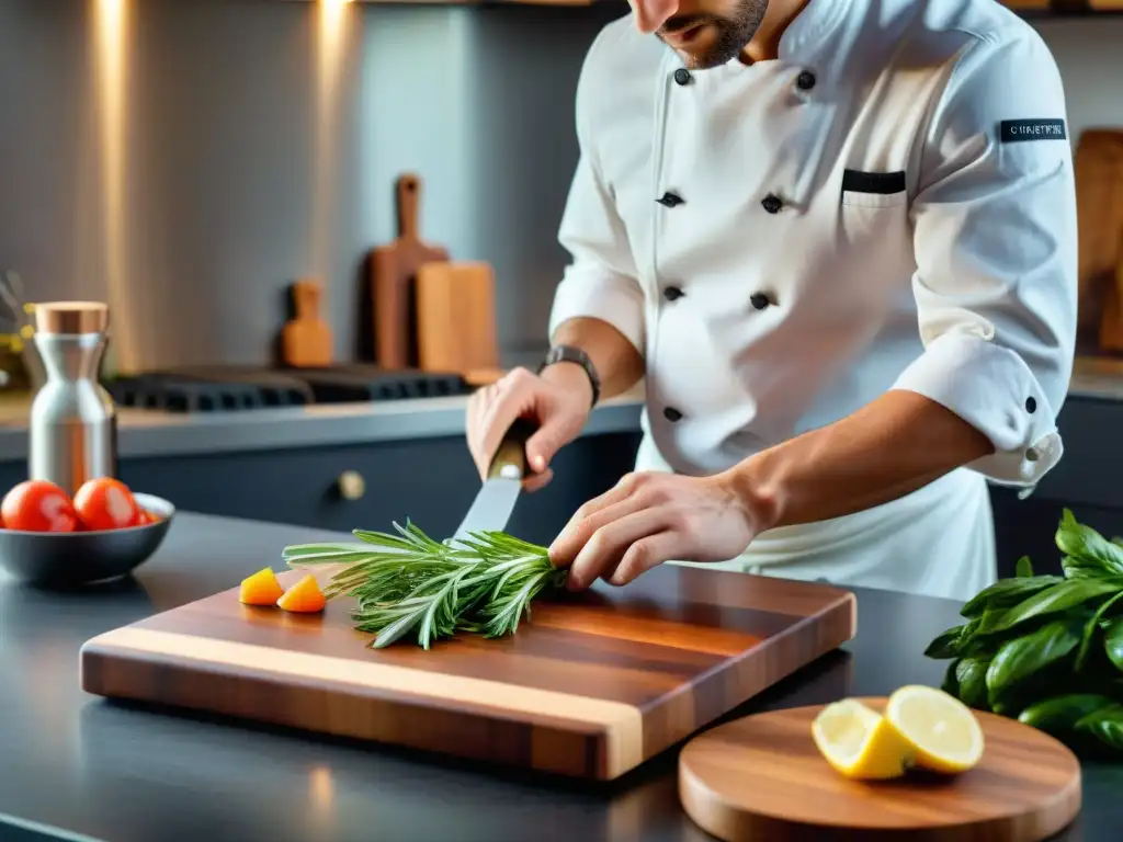 Un chef profesional cuida con detalle una tabla de cortar de madera en una cocina impecable