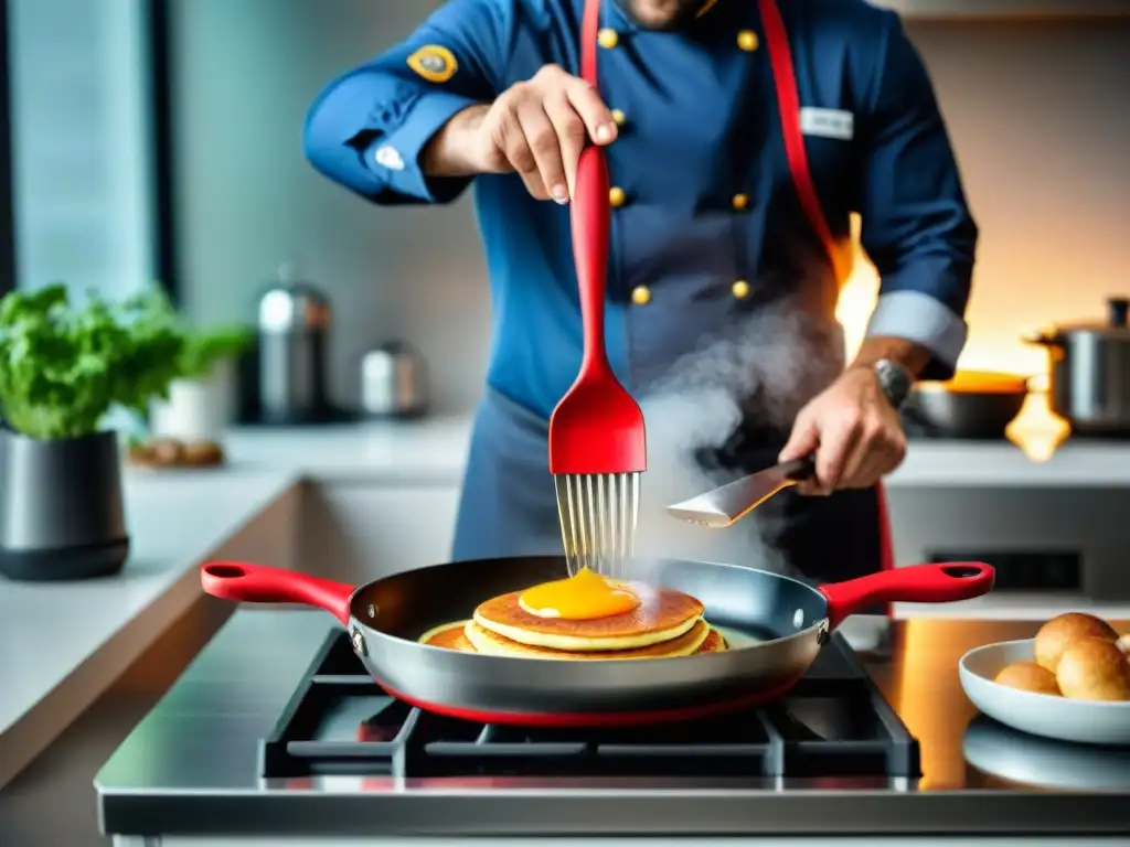 Un chef profesional usa con elegancia un utensilio de silicona rojo para cocinar un pancake dorado en una cocina moderna y luminosa