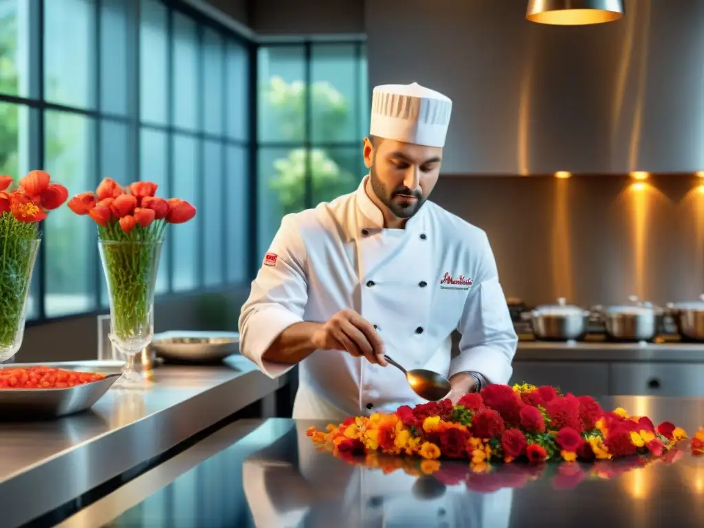 Un chef profesional crea una exquisita receta gourmet con amapolas en una cocina elegante y luminosa