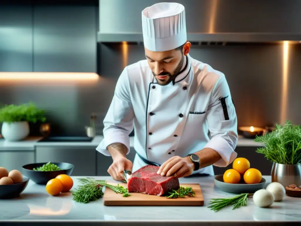 Un chef profesional prepara un exquisito plato en una cocina moderna con carne cultivada, destacando los beneficios de la salud