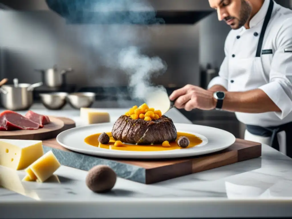 Un chef profesional corta un filete en una cocina gourmet con ingredientes premium