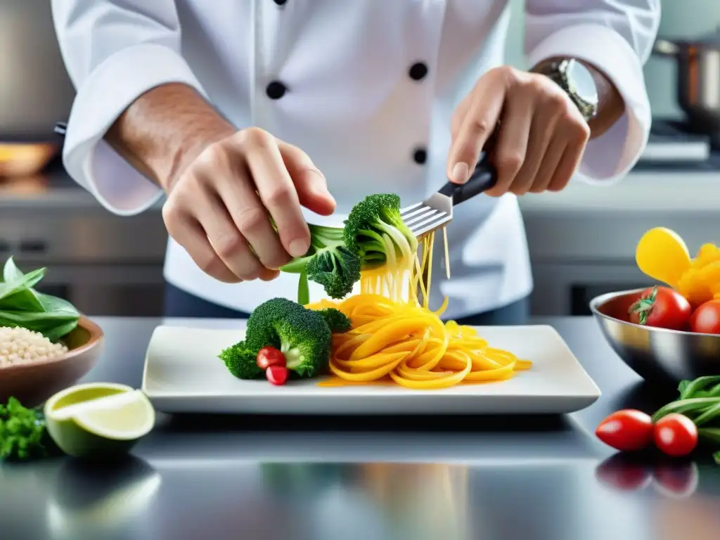 Un chef profesional preparando una fusión culinaria en una cocina moderna