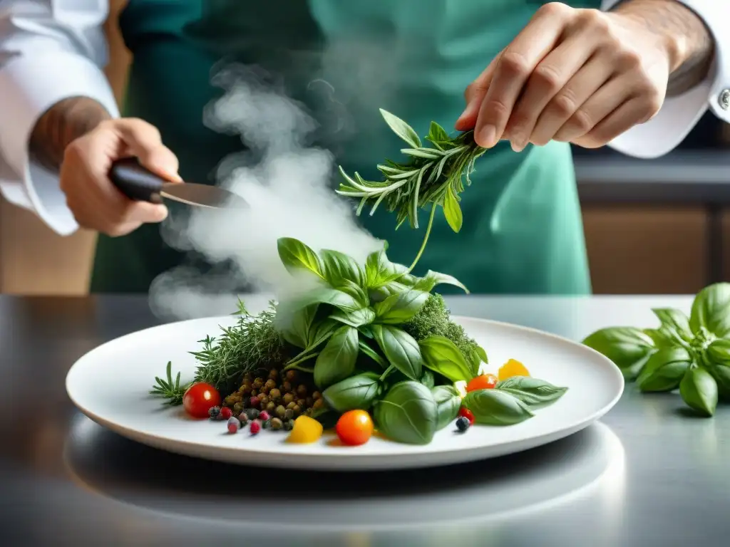 Un chef profesional esparciendo hierbas aromáticas frescas sobre un plato gourmet en una cocina moderna y elegante