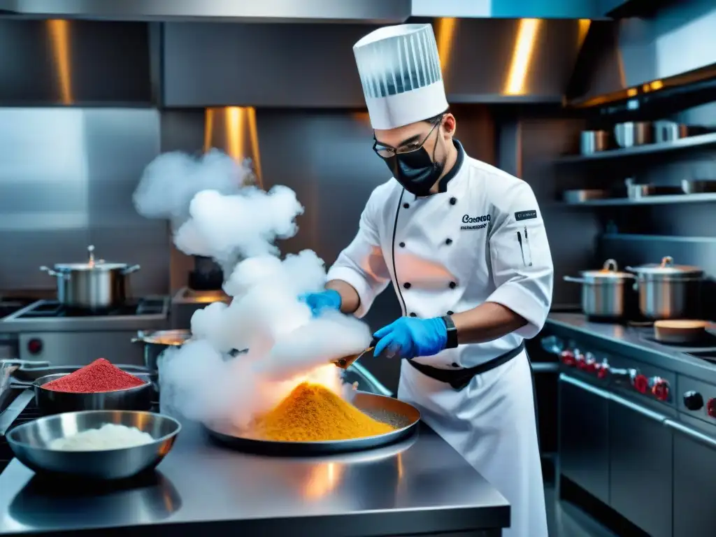 Un chef profesional maneja nitrógeno líquido con precisión en una cocina de alta tecnología