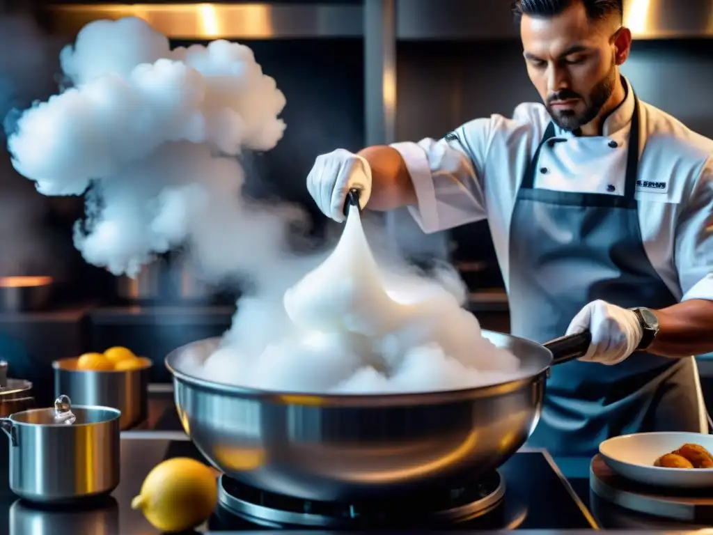 Chef profesional usando nitrógeno líquido en cocina, creando una atmósfera de precisión e innovación en NitroCocina