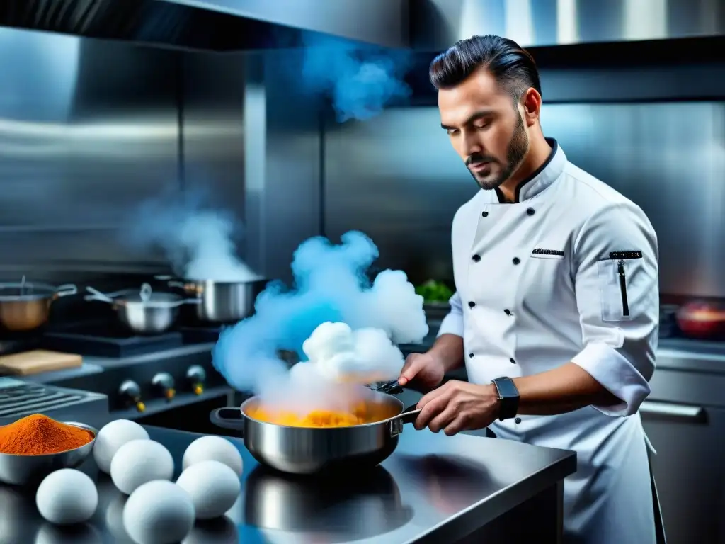 Chef profesional usando nitrógeno líquido en cocina moderna, creando arte culinario innovador