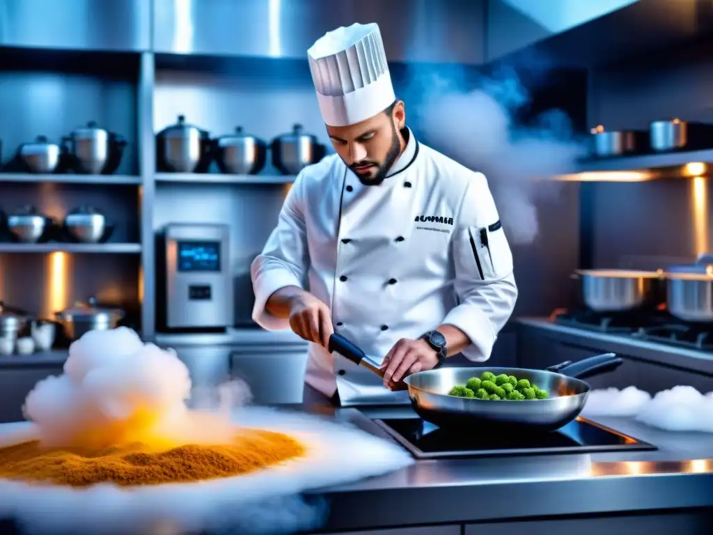 Chef profesional usando nitrógeno líquido en cocina de alta gama, creando plato de gastronomía molecular