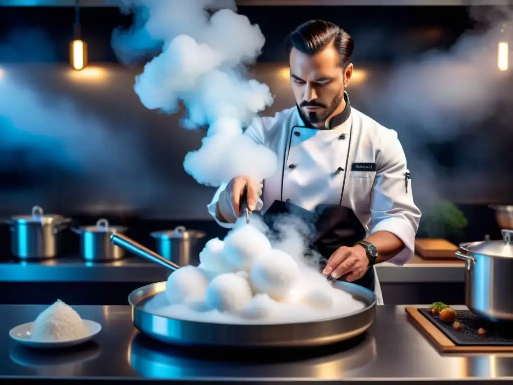 Chef profesional usando nitrógeno líquido en cocina moderna para efecto visual en plato molecular