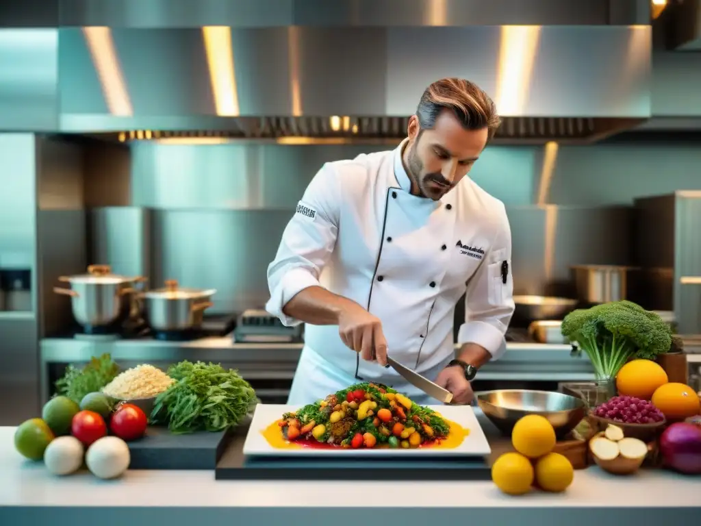 Un chef profesional preparando un plato exquisito en una cocina impecable, rodeado de ingredientes frescos y libros de cocina