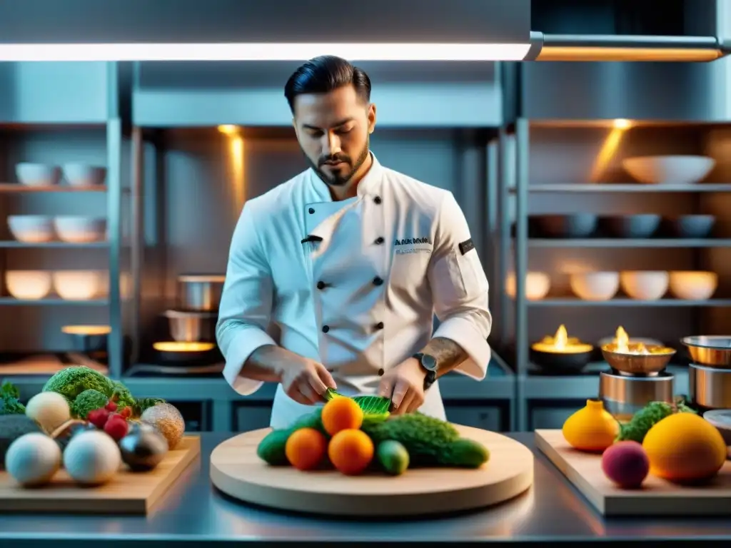 Un chef profesional crea platos artísticos con alimentos impresos en 3D en cocina de alta tecnología