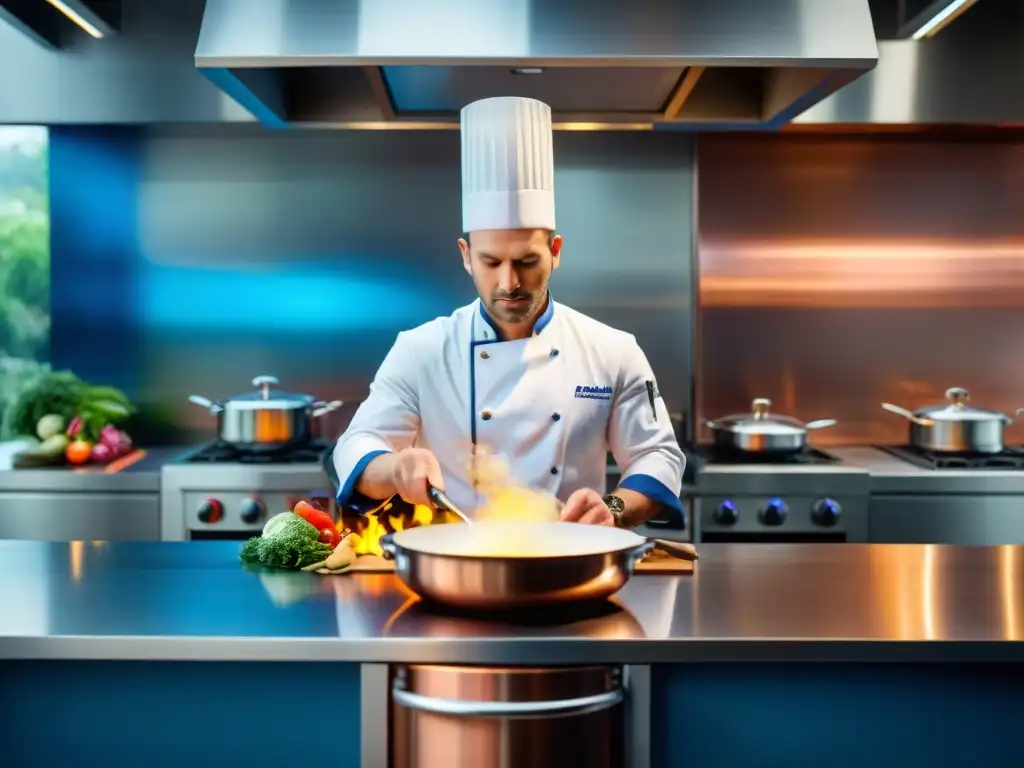 Chef profesional cocinando con precisión en cocina moderna con placas de inducción alta gastronomía, colores vibrantes y concentración intensa