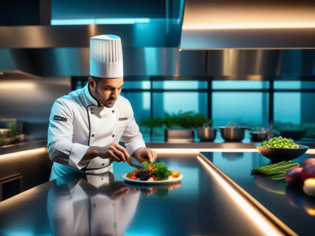 Un chef profesional prepara con precisión un exquisito plato en una cocina de alta gama