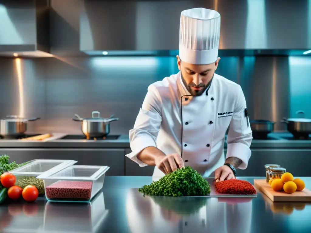 Un chef profesional prepara con precisión un plato sous vide gourmet en una cocina moderna