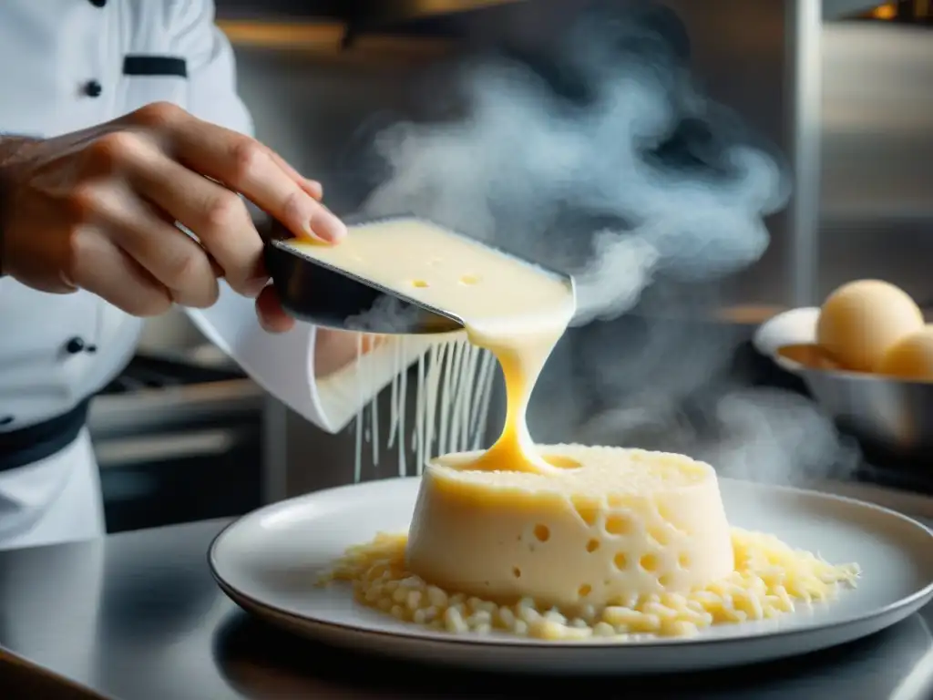 Un chef profesional rallando queso Parmigiano Reggiano sobre risotto cremoso