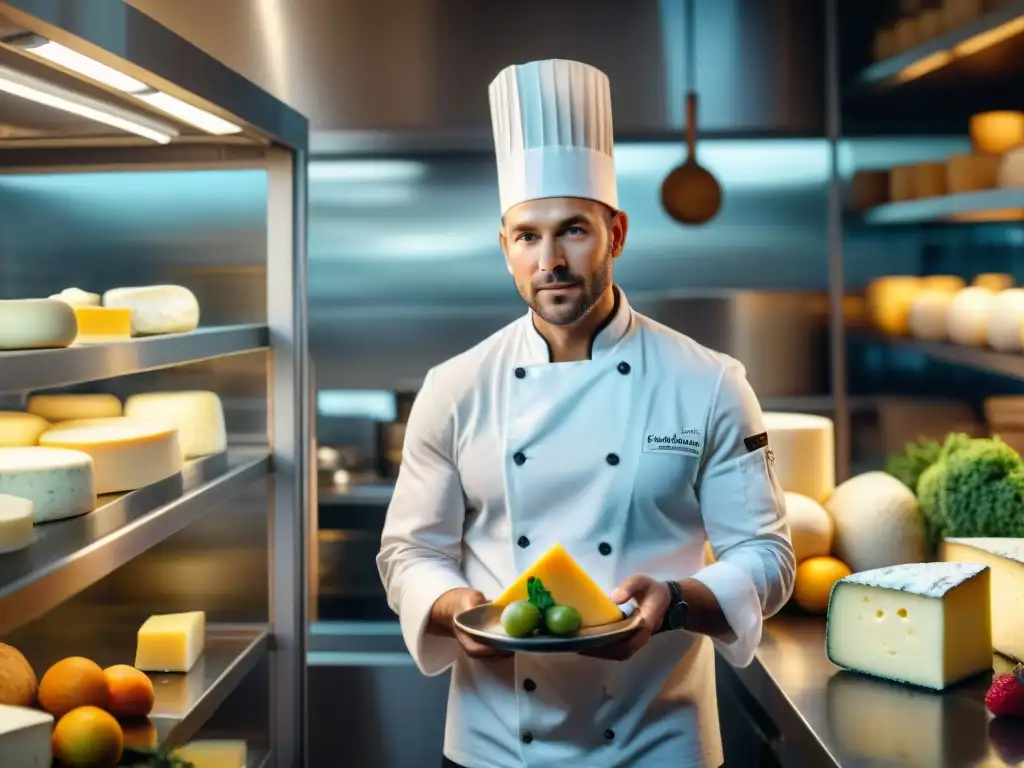 Un chef profesional pasteurizando quesos en una cocina gourmet, resaltando la importancia de la pasteurización en gastronomía gourmet