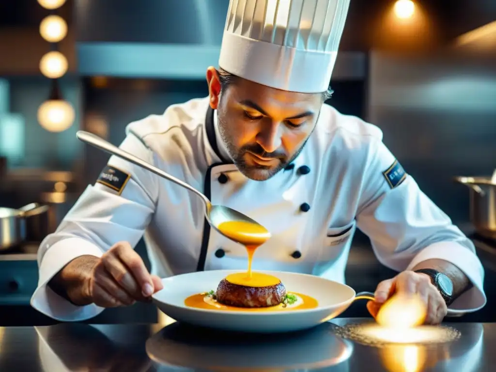 Un chef profesional en uniforme blanco, preparando una exquisita salsa emulsionada sobre un platillo gourmet