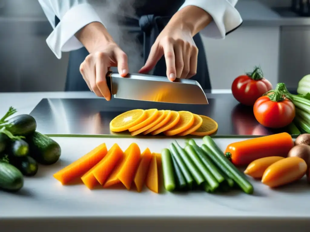 Un chef profesional cortando verduras con mandolina para cortes perfectos en una cocina gourmet