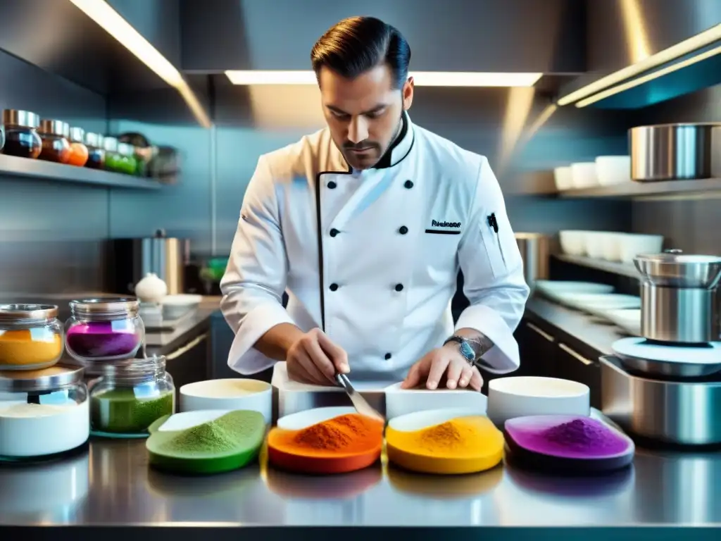 Un chef de gastronomía molecular y psicología del sabor crea un plato intrincado y visualmente impactante en un elegante laboratorio culinario