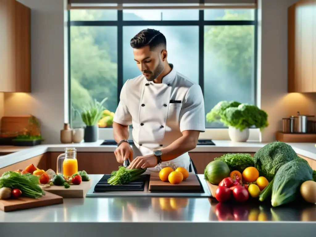 Un chef prepara recetas gourmet saludables corazón en una cocina elegante y fresca