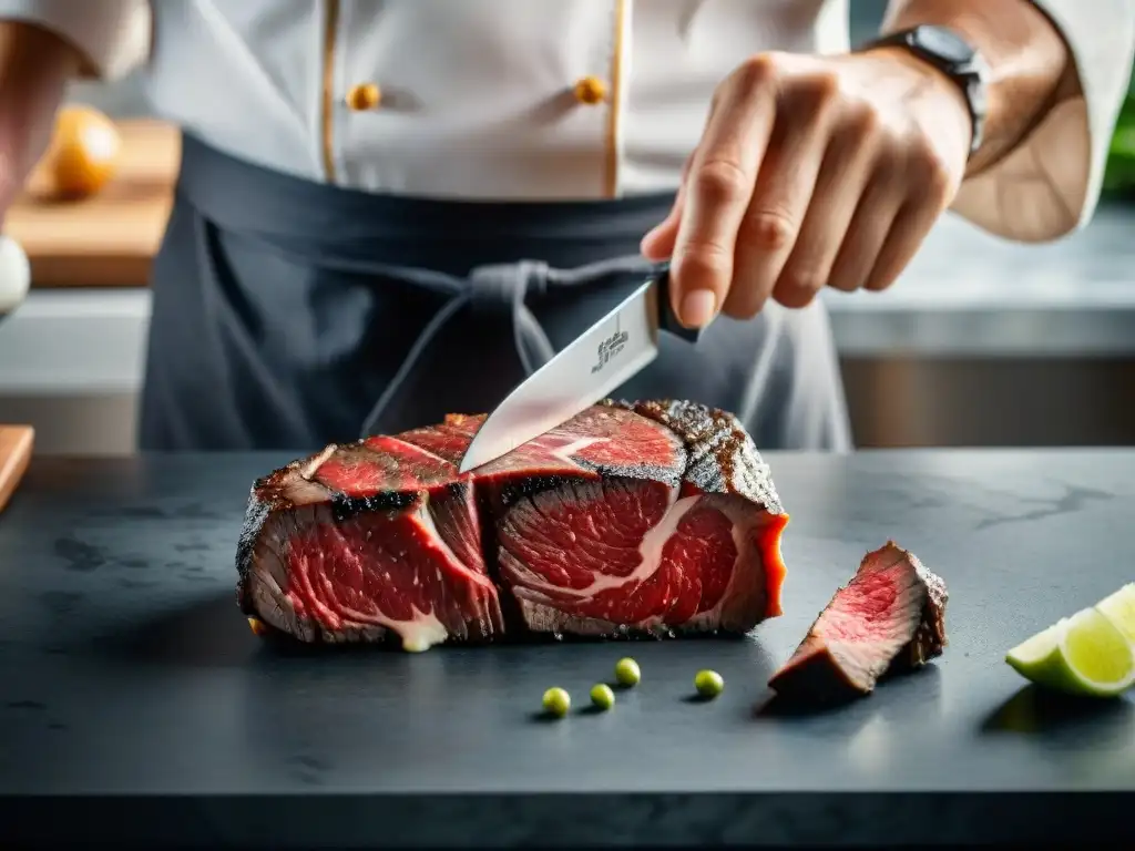 Un chef reiventa la cocina clásica al cortar una exquisita carne wagyu, fusionando tradición y modernidad