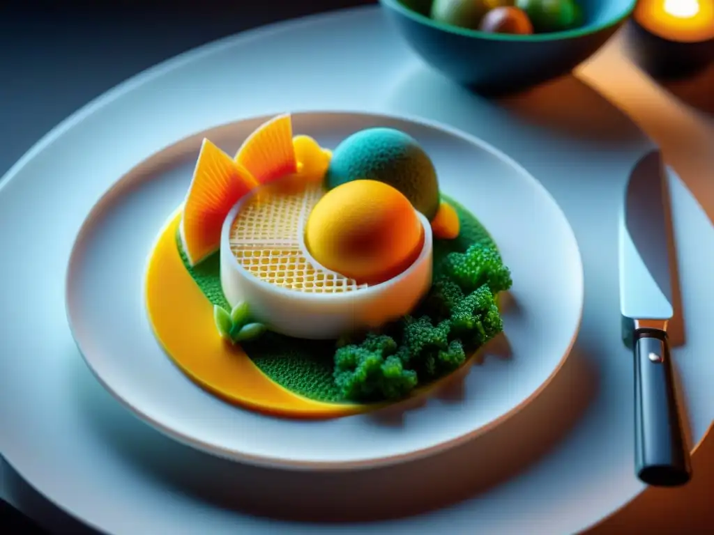 Un chef renombrado crea alimentos impresos en 3D en una cocina moderna, fusionando arte culinario y tecnología