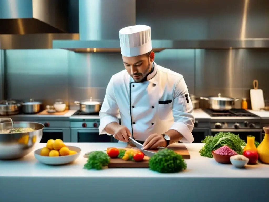 Un chef renombrado en una cocina impecable, creando una obra culinaria sofisticada