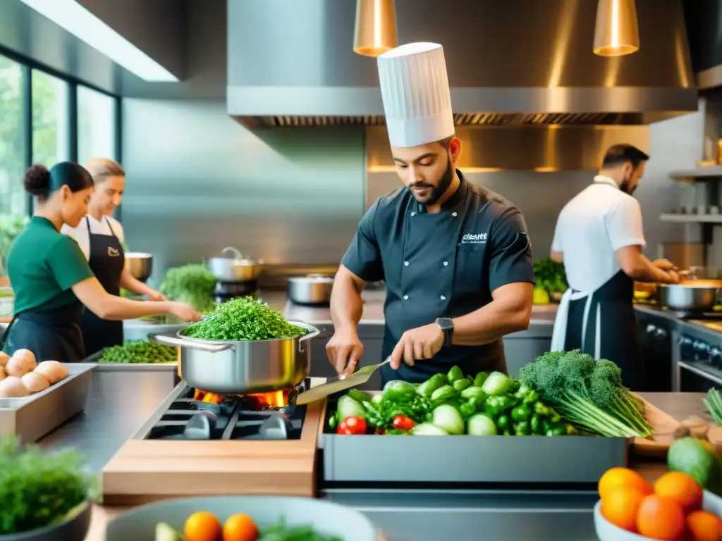 Un chef renombrado lidera en una cocina sostenible, rodeado de un equipo diverso preparando platillos veganos