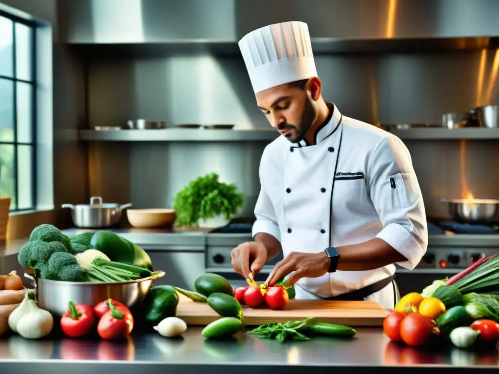 Un chef renombrado en una cocina sostenible, rodeado de productos frescos y utensilios ecológicos, preparando una obra maestra culinaria