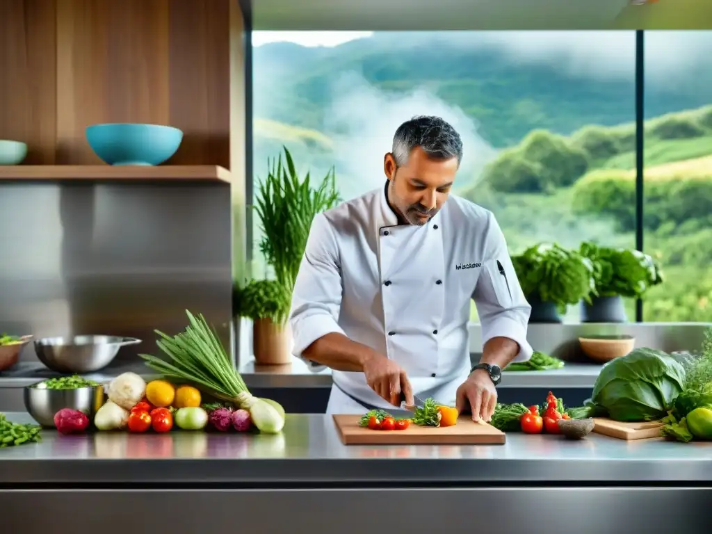 Un chef renombrado en una cocina sostenible, rodeado de productos frescos y utensilios ecofriendly, preparando con pasión un delicioso plato