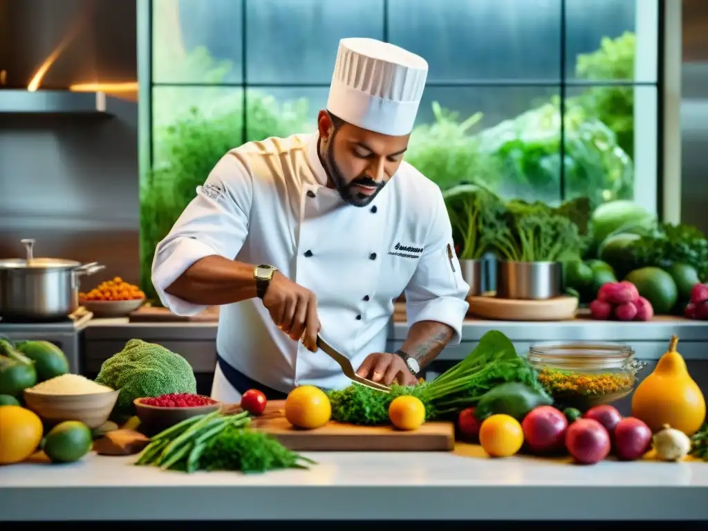 Un chef renombrado en una cocina sostenible, concentrado en la creación de platos con ingredientes orgánicos y locales