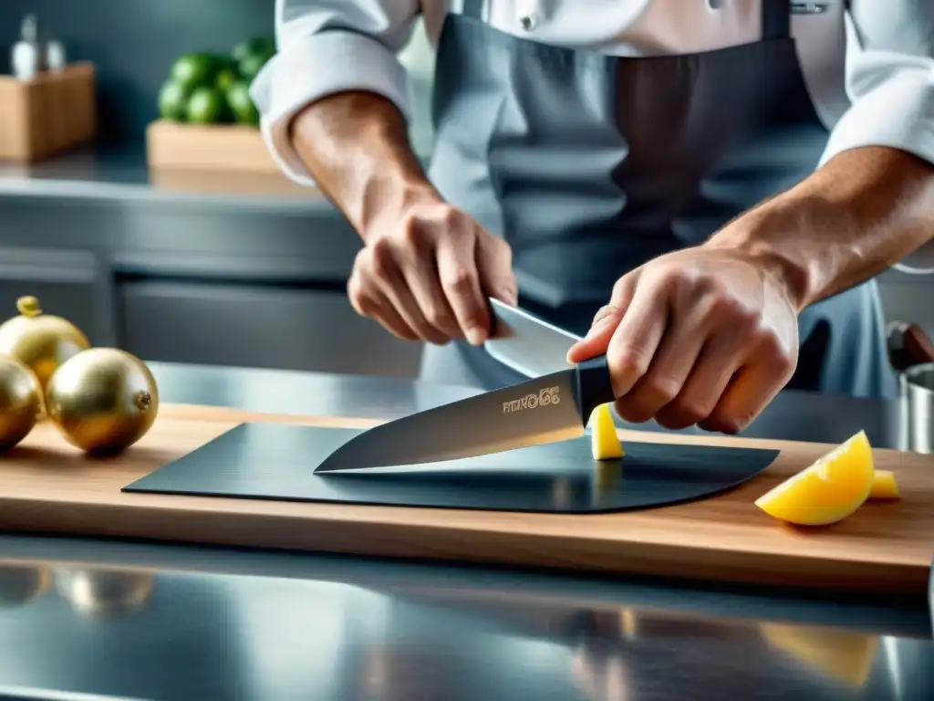 Un chef renombrado afila un cuchillo de chef con precisión experta en una cocina sofisticada