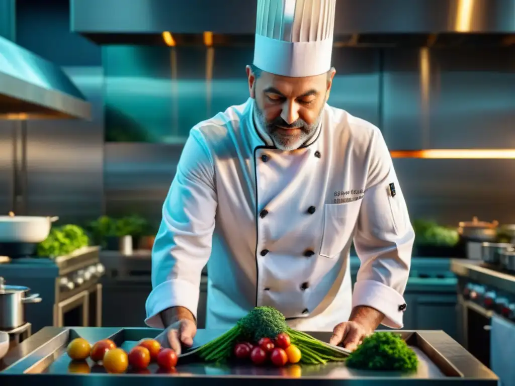 Un chef renombrado prepara un exquisito plato en una lujosa cocina de hotel