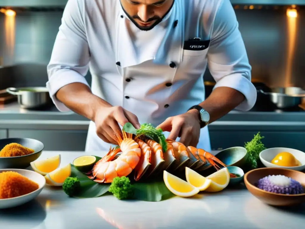 Un chef renombrado preparando mariscos exóticos en una cocina moderna, creando una obra de arte culinaria