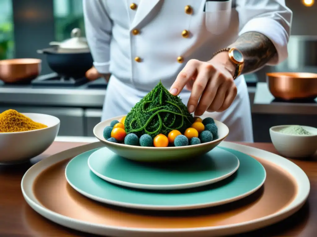 Un chef renombrado crea una obra de arte culinaria con superfoods, reflejando alta gastronomía y tendencias