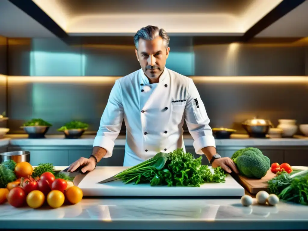 Un chef renombrado cuidadosamente preparando una obra culinaria con ingredientes frescos en una cocina elegante