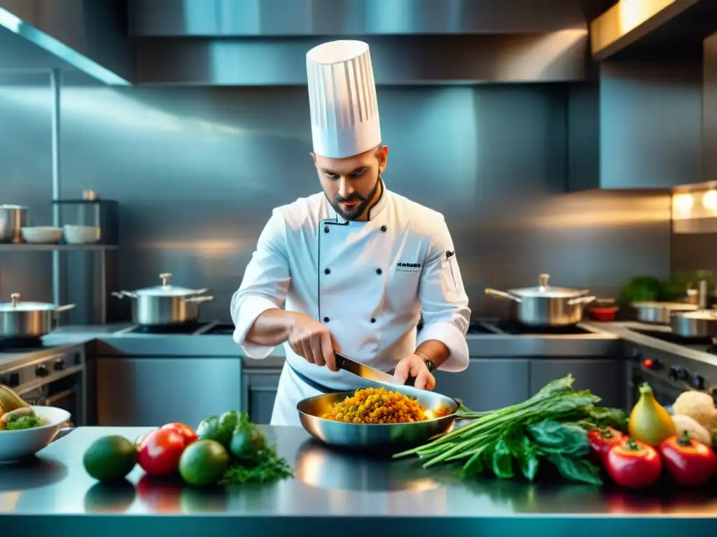 Un chef renombrado crea una obra maestra culinaria en un set de película, rodeado de ingredientes frescos y colores vibrantes