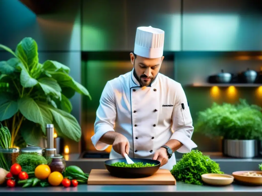 Un chef renombrado preparando plato en cocina sostenible, rodeado de vegetación y equipo ecofriendly