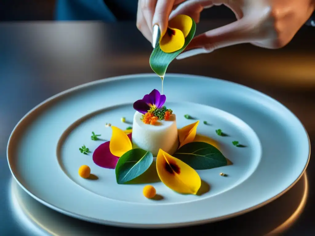 Un chef renombrado presentando un plato gourmet con flores comestibles, mostrando la precisión en la presentación culinaria