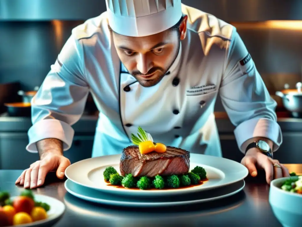 Un chef renombrado prepara con precisión una exquisitez en una cocina moderna con equipo de alta gama y ingredientes frescos