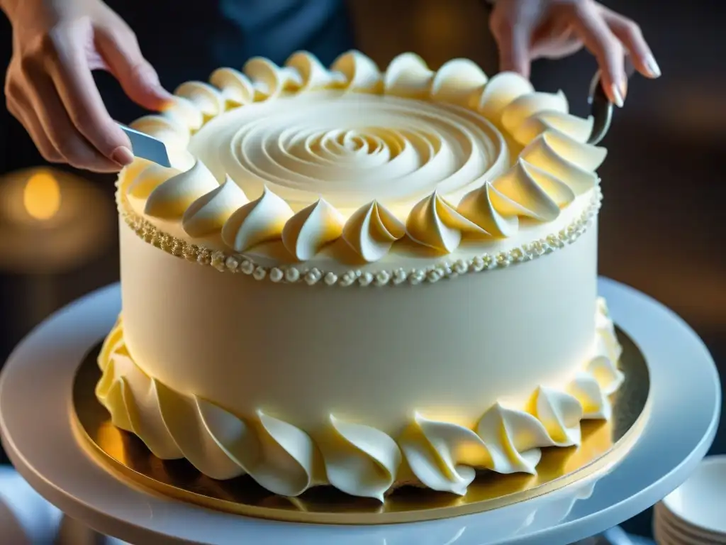 El chef de repostería fina gourmet decora con precisión un pastel de bodas con swirls elegantes de crema de mantequilla de merengue suizo brillante