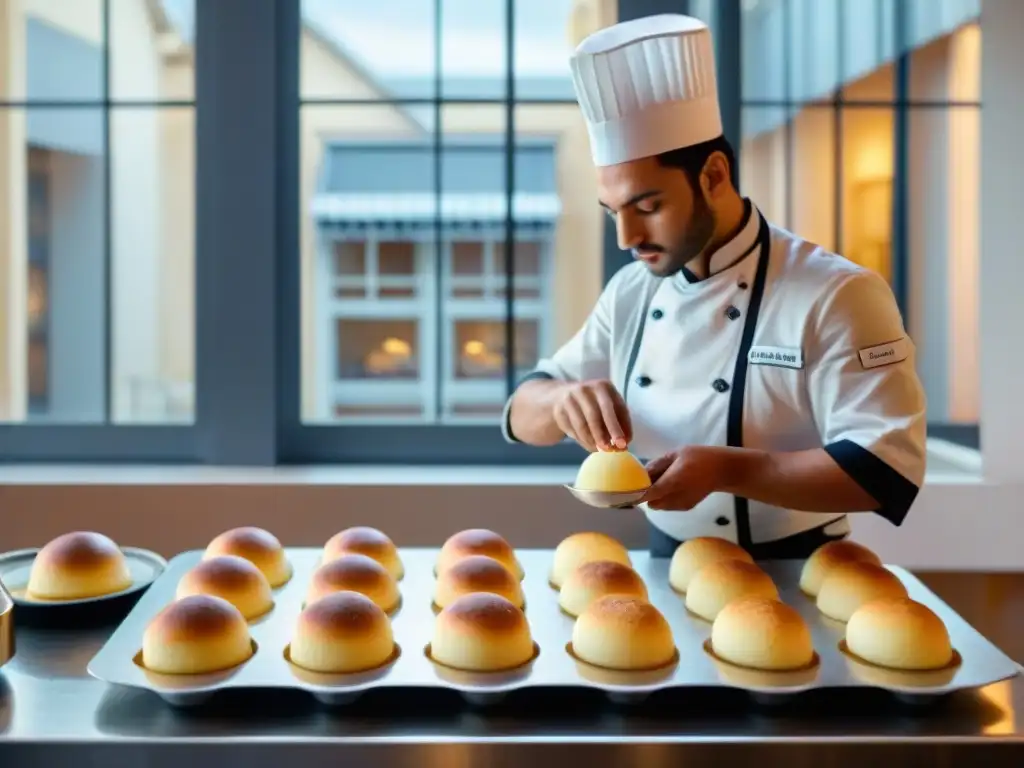 Un chef de repostería francés creando madeleines en un ambiente meticuloso y delicado, con luz natural y receta gourmet