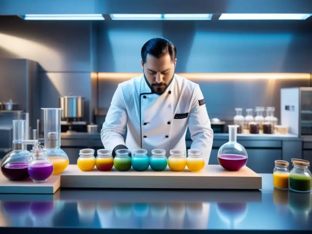 Un chef de repostería utiliza técnicas de Gastronomía Molecular en Postres en un laboratorio culinario moderno y futurista