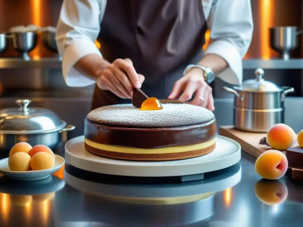 Un chef repostero vienés crea un Sacher Torte con detalle en una pastelería tradicional, rodeado de herramientas vintage