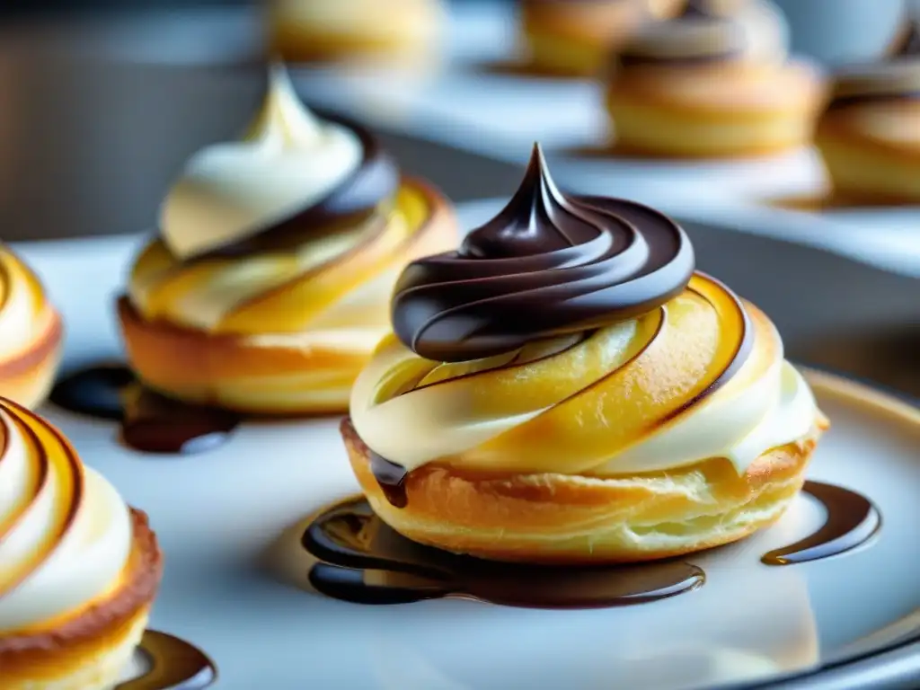 Un chef repostero experto decora con precisión dos exquisitos pasteles Religieuse francés en una cocina profesional