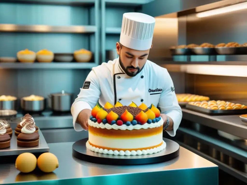 Un chef repostero experto en técnicas de repostería fina gourmet decora con precisión un pastel multilayered